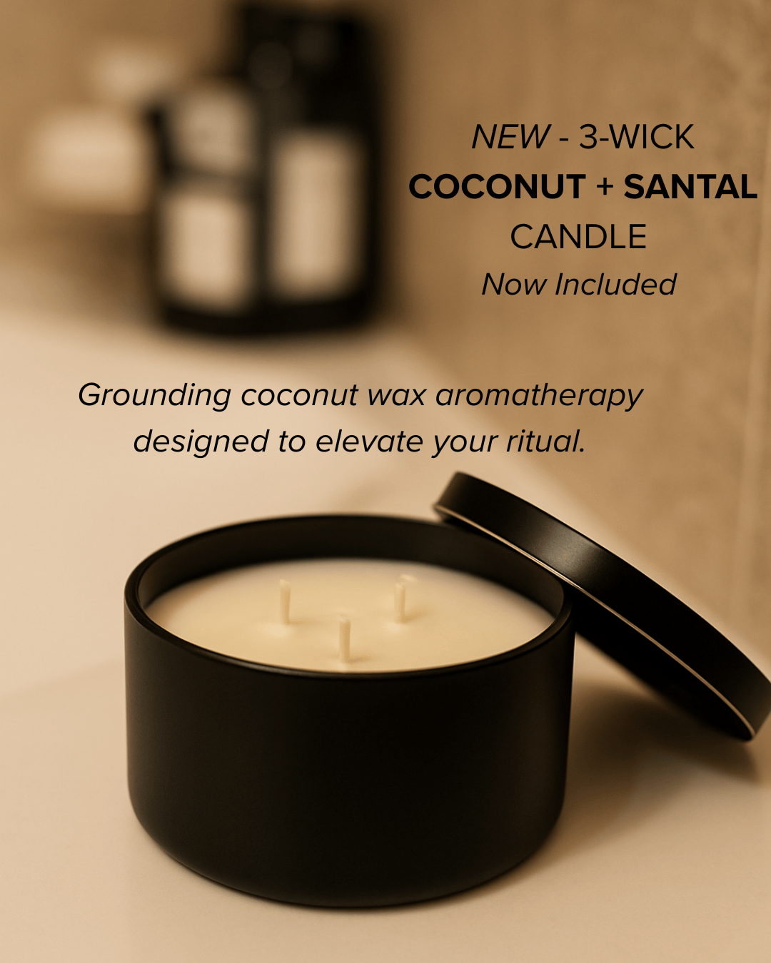 Black candle with three wicks on a beige background, featuring text about the product.