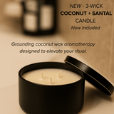 Black candle with three wicks on a beige background, featuring text about the product.