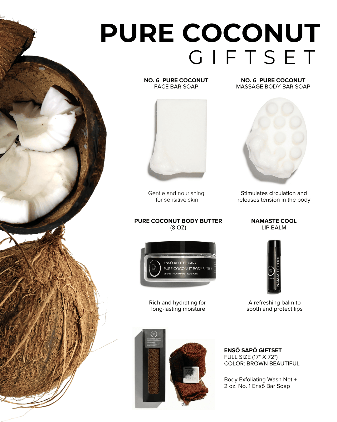 Pure Coconut gift set with coconuts, soaps, and other products on a white background
